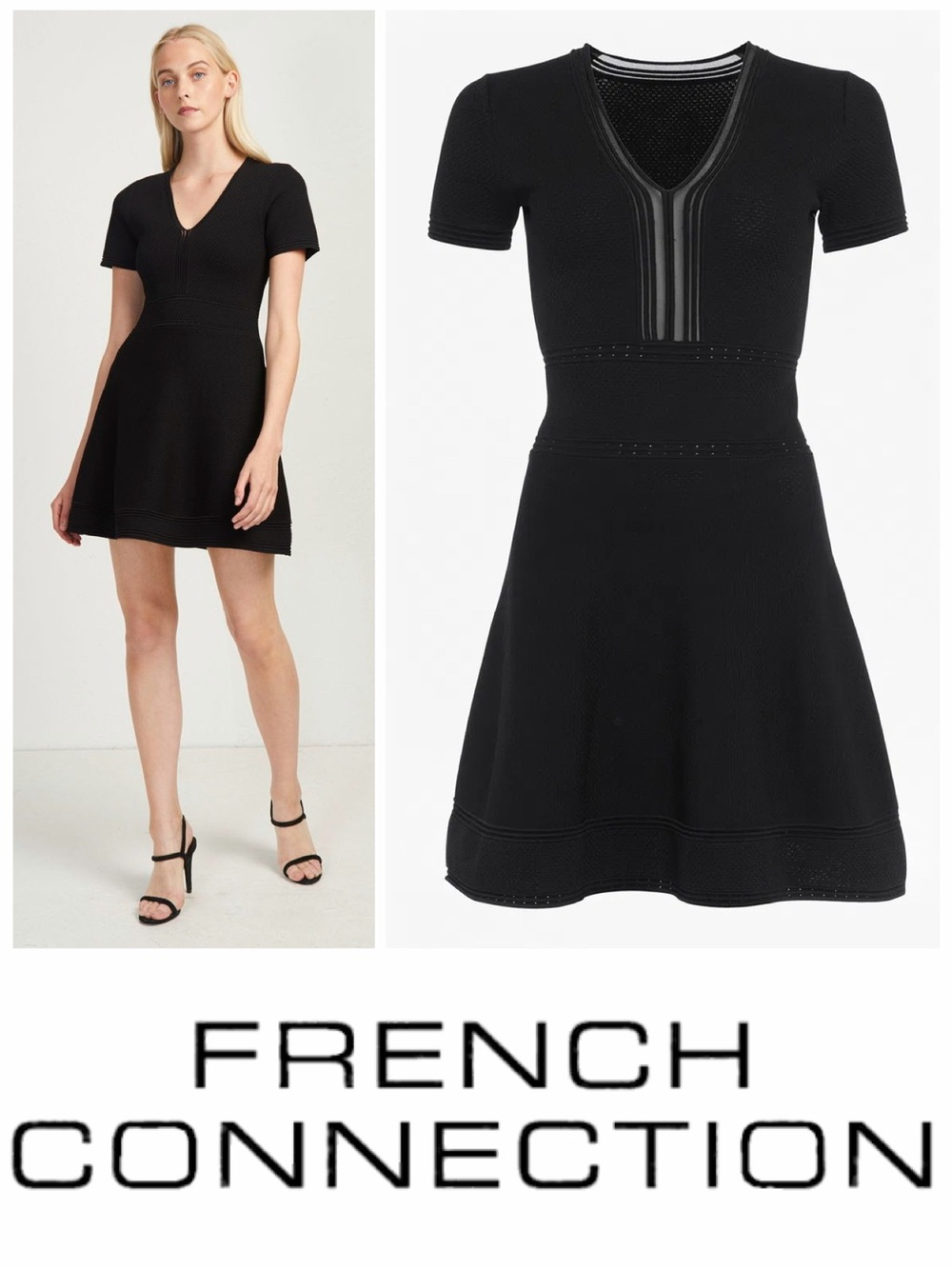 French Connection Ellie Black Knitted V-Neck Fit & Flare Short Mini Dress Size 4